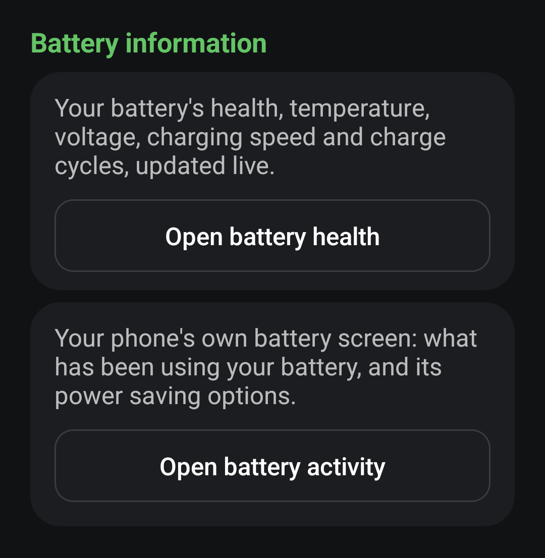 Battery information in Ampy's settings: buttons to open Battery health and the phone's own battery activity screen